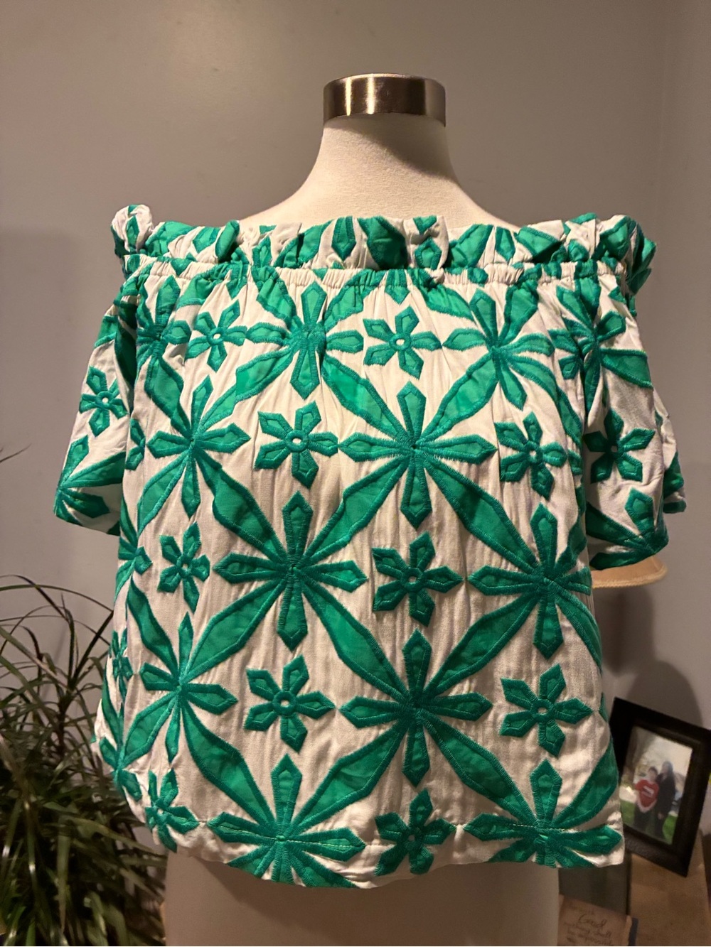Skies Are Blue White Off-Shoulder Top with Green Floral Embroidery, Lined Size S